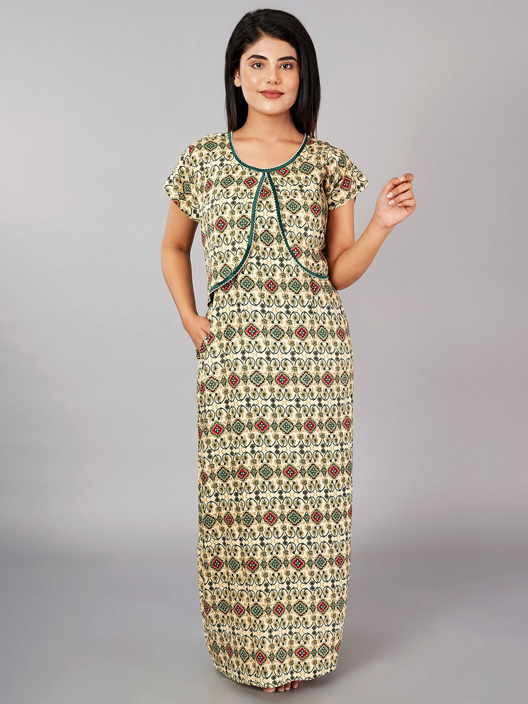 

Noty Ethnic Motifs Printed Feeding & Maternity Maxi Nightdress, Cream