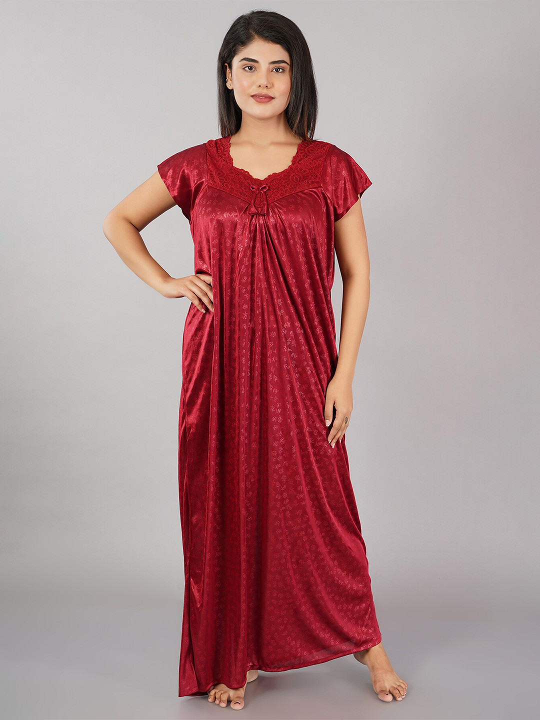 

Noty Floral Printed Lace work Maxi Nightdress, Maroon