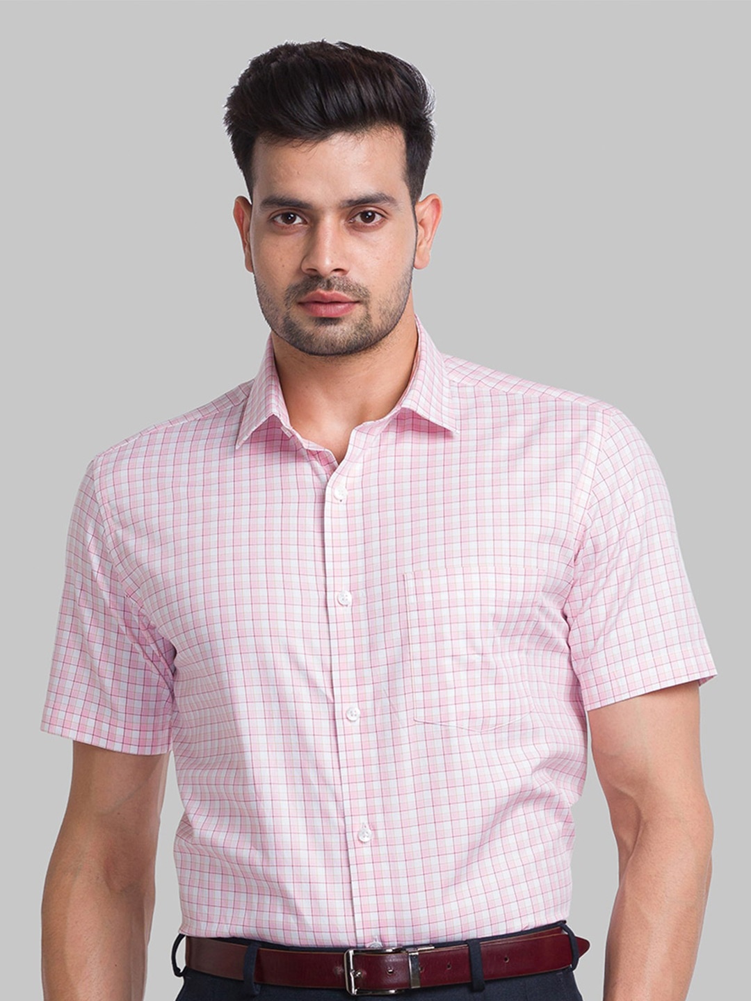 

Park Avenue Spread Collar Checked Formal Cotton Shirt, Red