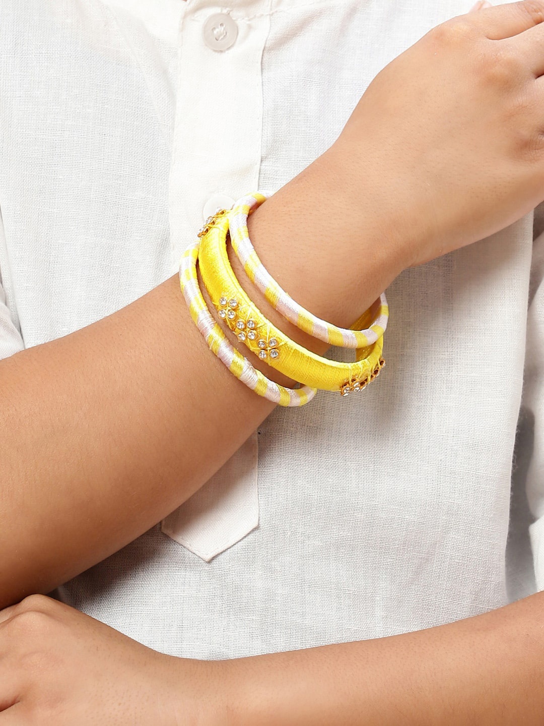 

Biba Set Of 3 Artificial Stone Studded Thread Bangle, Yellow