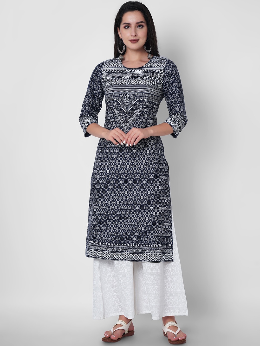 

KALINI Ethnic Motifs Printed Pure Cotton Straight Kurta, Navy blue