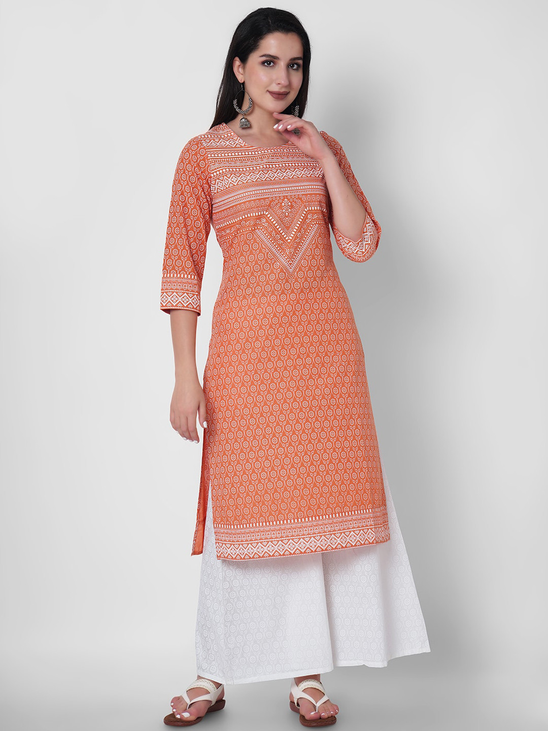 

KALINI Ethnic Motifs Printed Pure Cotton Kurta, Orange