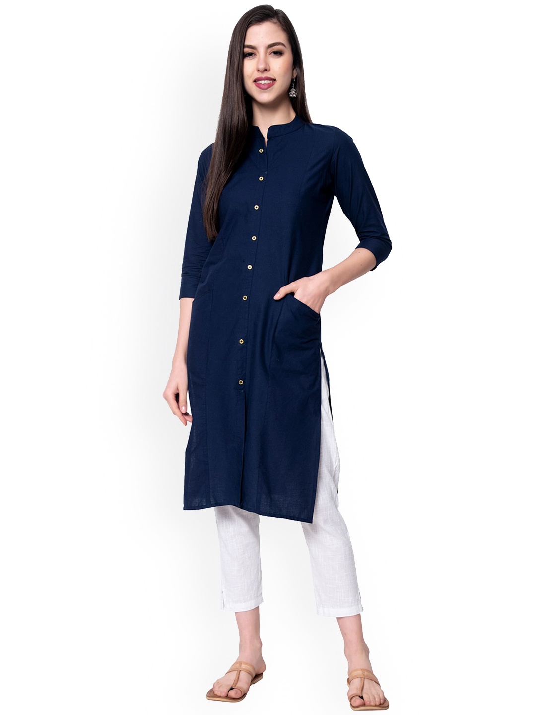 

KALINI Pure Cotton Straight Kurta, Navy blue