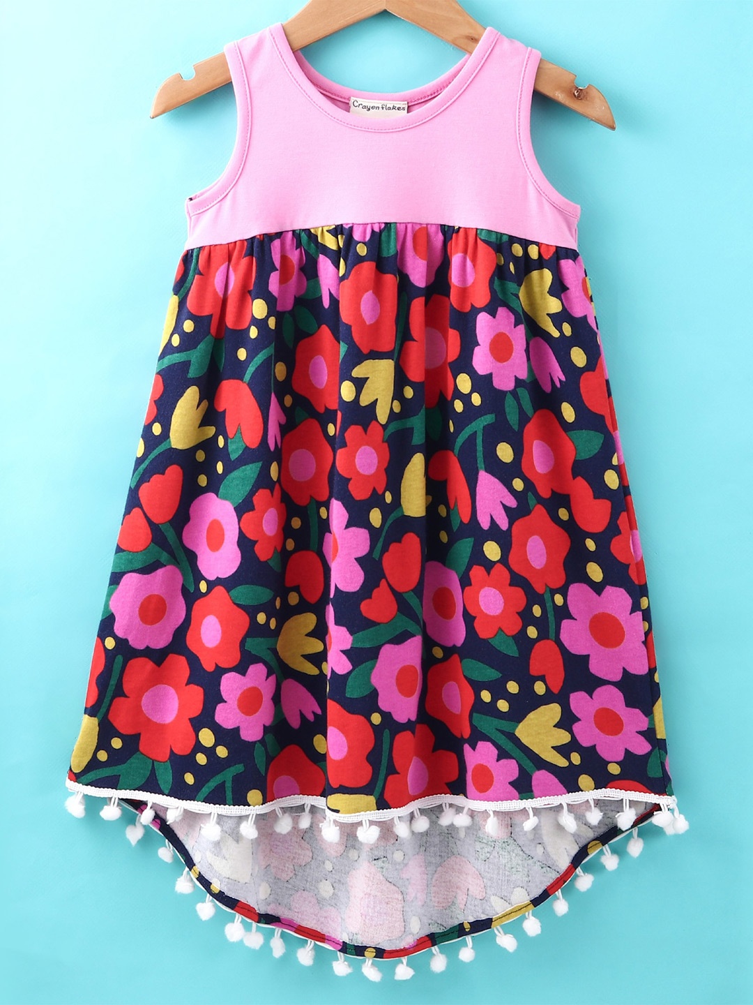 

CrayonFlakes Girls Floral Printed Cotton Casual Empire Dress, Pink