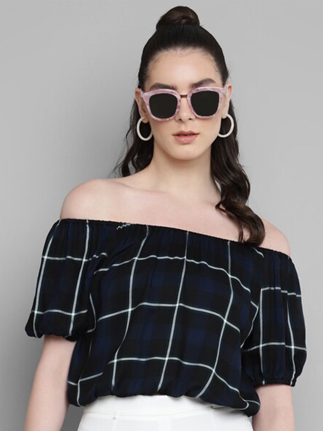 

Kook N Keech Navy Blue Checked Off-Shoulder Cotton Bardot Top