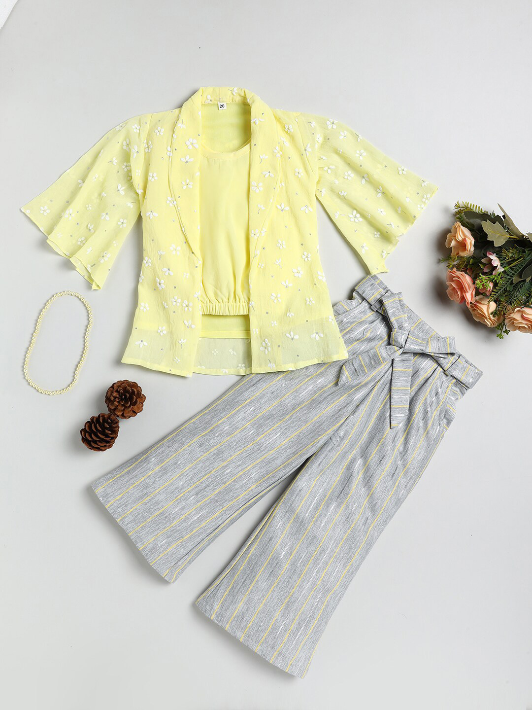

Nottie Planet Girls Yellow & Grey Printed Coat with Palazzos