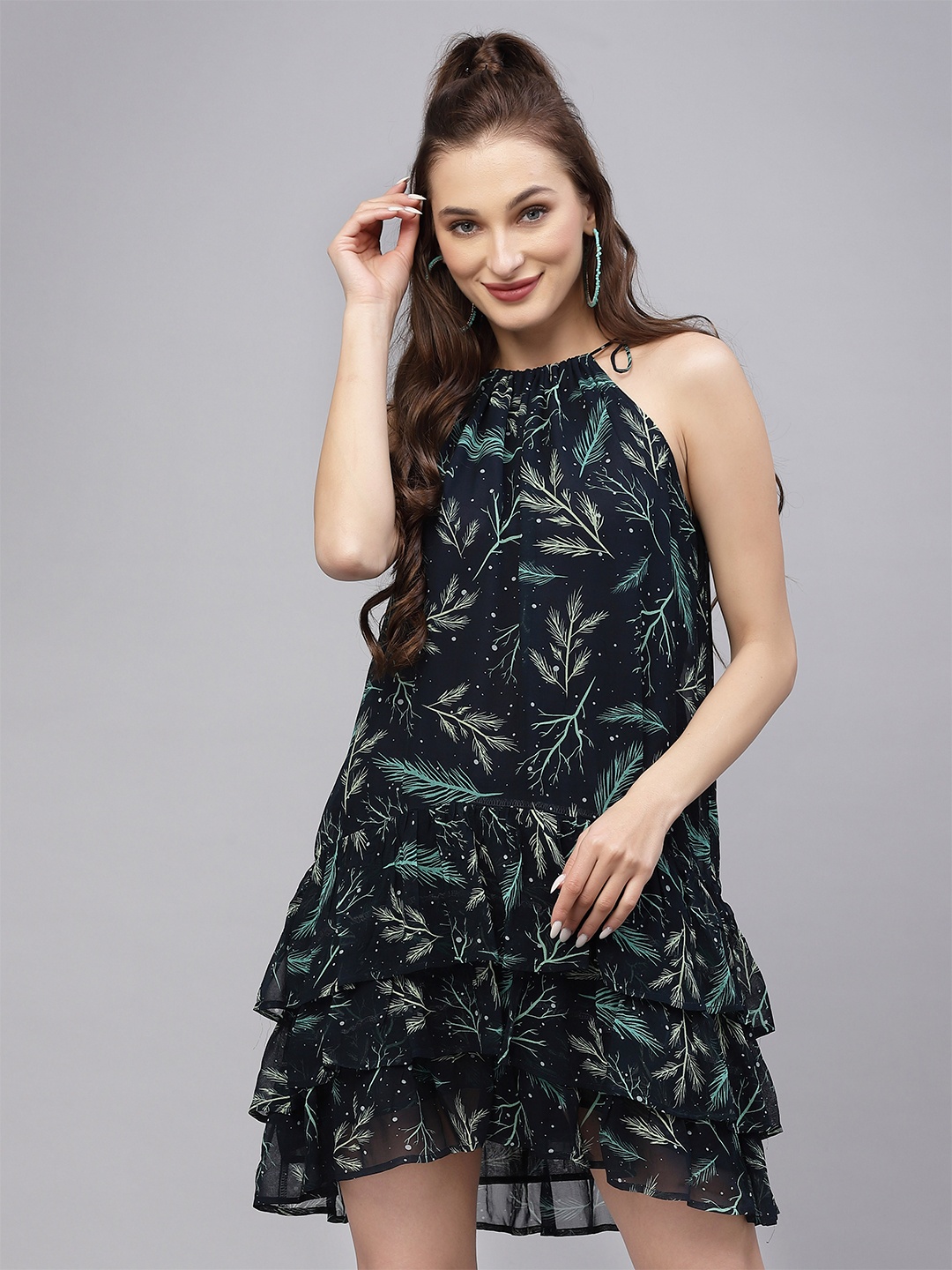 

VALBONE Floral Printed Shoulder Straps Georgette Mini A-Line Dress, Black