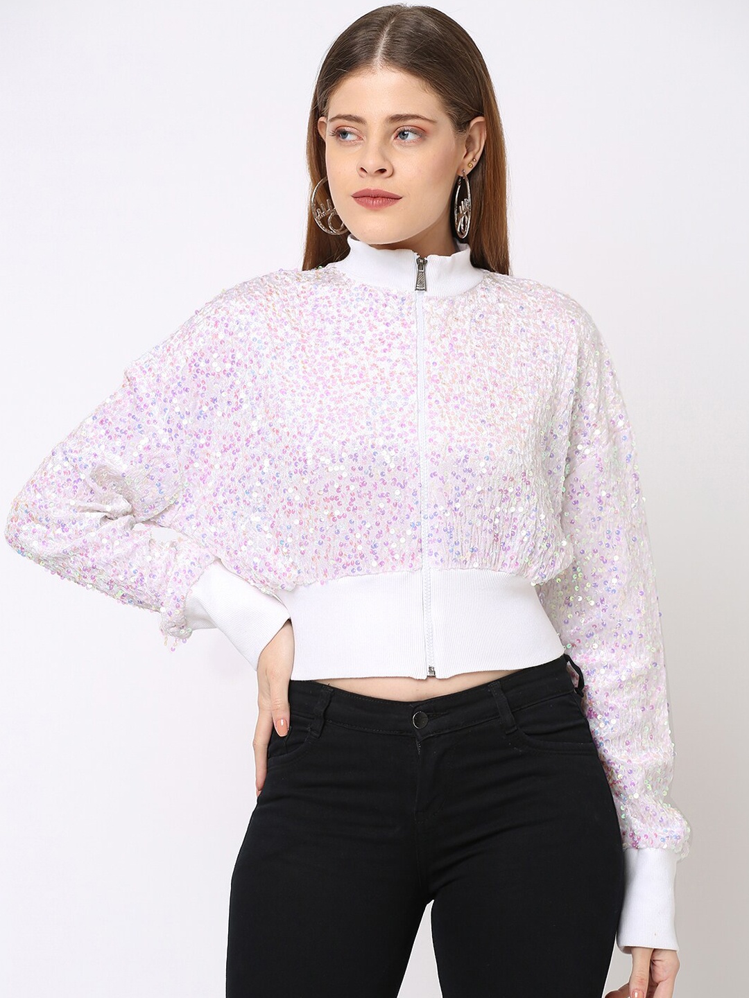 

Ashtag Sequinned Crop Bomber Jacket, White