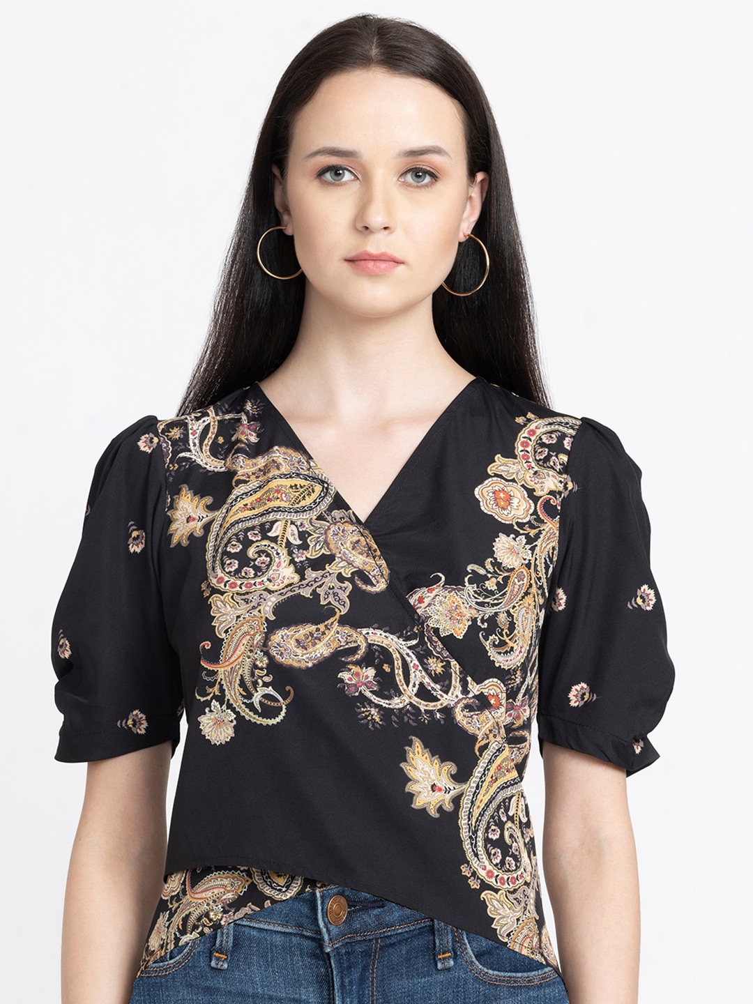 

SHAYE Ethnic Motifs Printed Puff Sleeve Wrap Top, Black