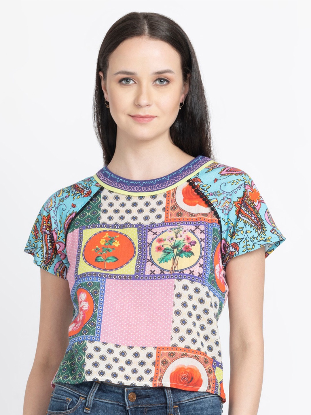 

SHAYE Floral Printed Raglan Sleeve Pure Cotton Styled Back Top, Blue