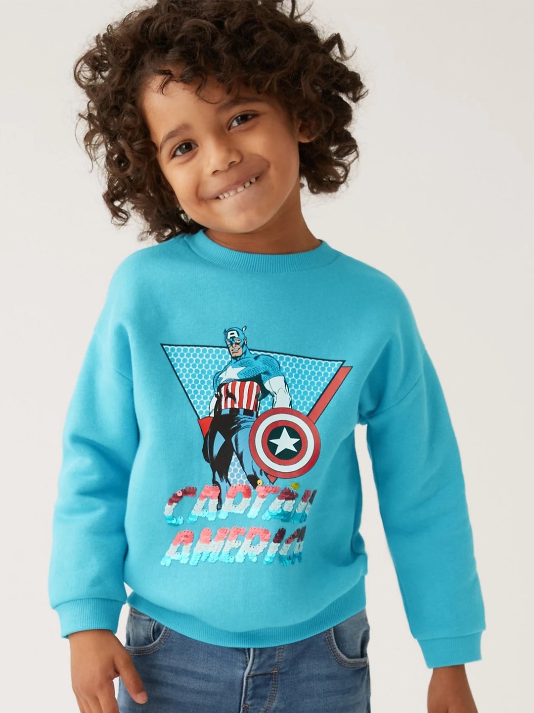 

Marks & Spencer Boys Captain America Printed & Sequined Detailed Sweatshirt, Blue