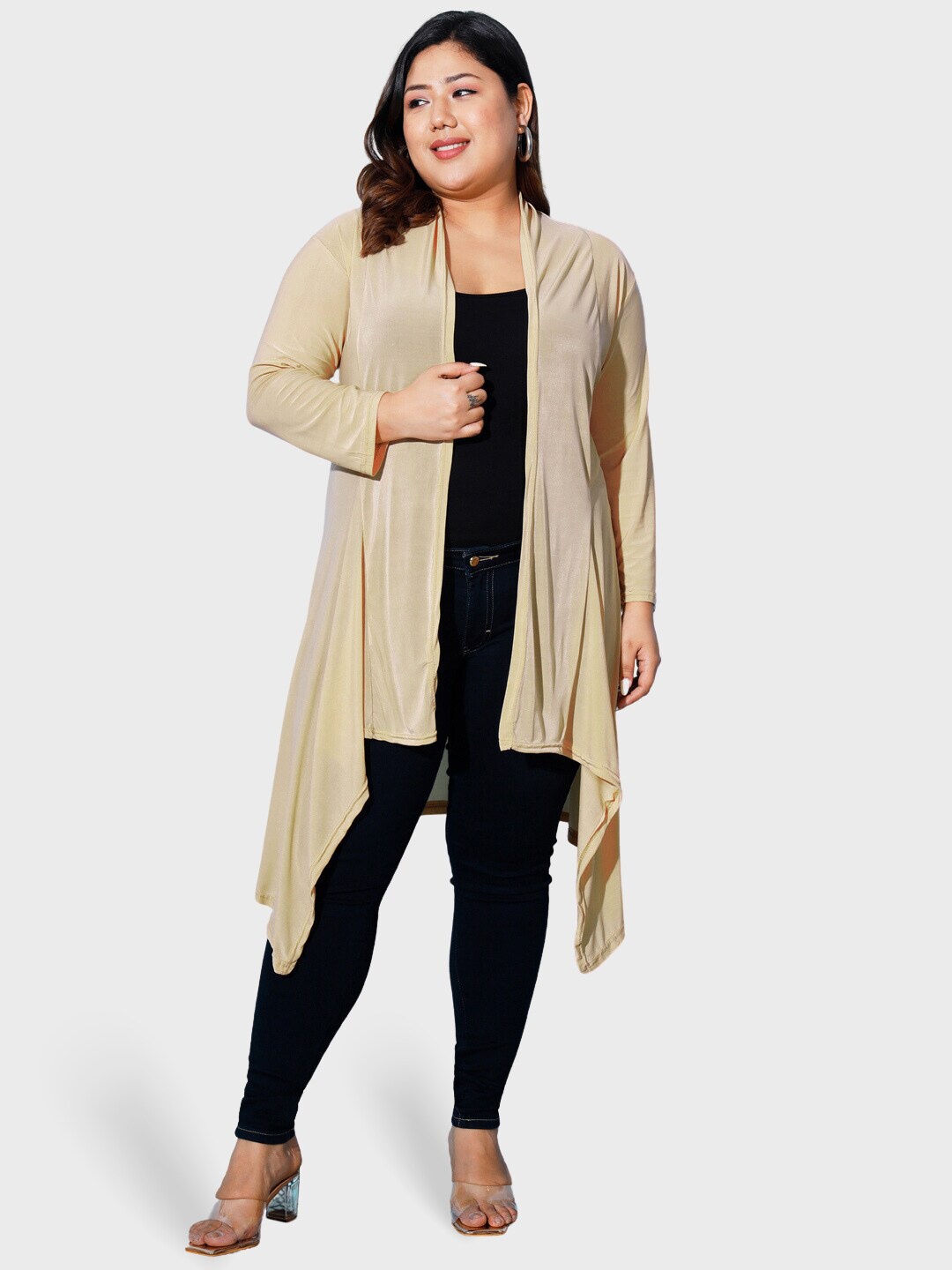 

BUY NEW TREND Curvy Plus Size Asymmetric Hem Longline Shrug, Beige