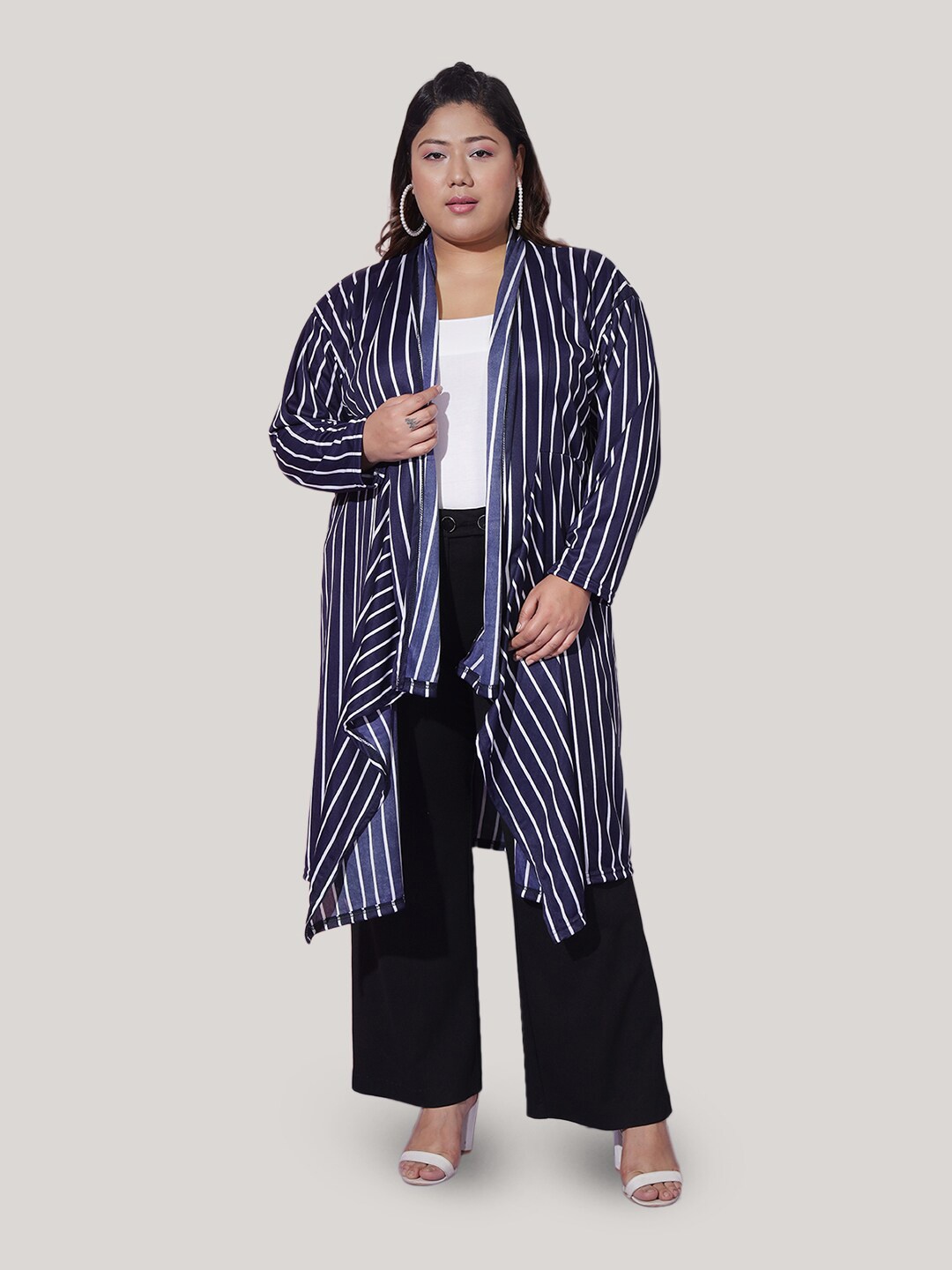 

BUY NEW TREND Curvy Plus Size Striped Asymmetric Hem Longline Shrug, Navy blue