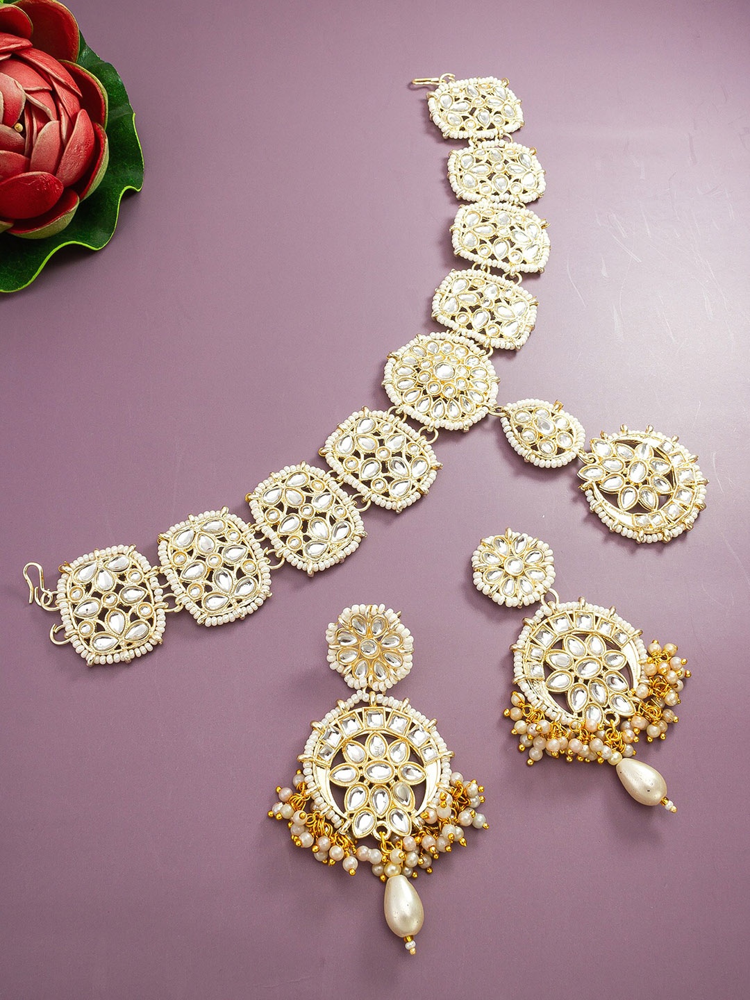

aadita Stone Studded Beaded Maang Tikka With Earrings, Gold