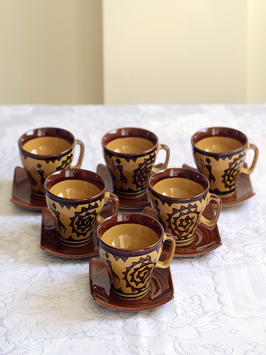 

Unravel India Brown 6-Pieces Printed Stoneware Cups and Saucers Set