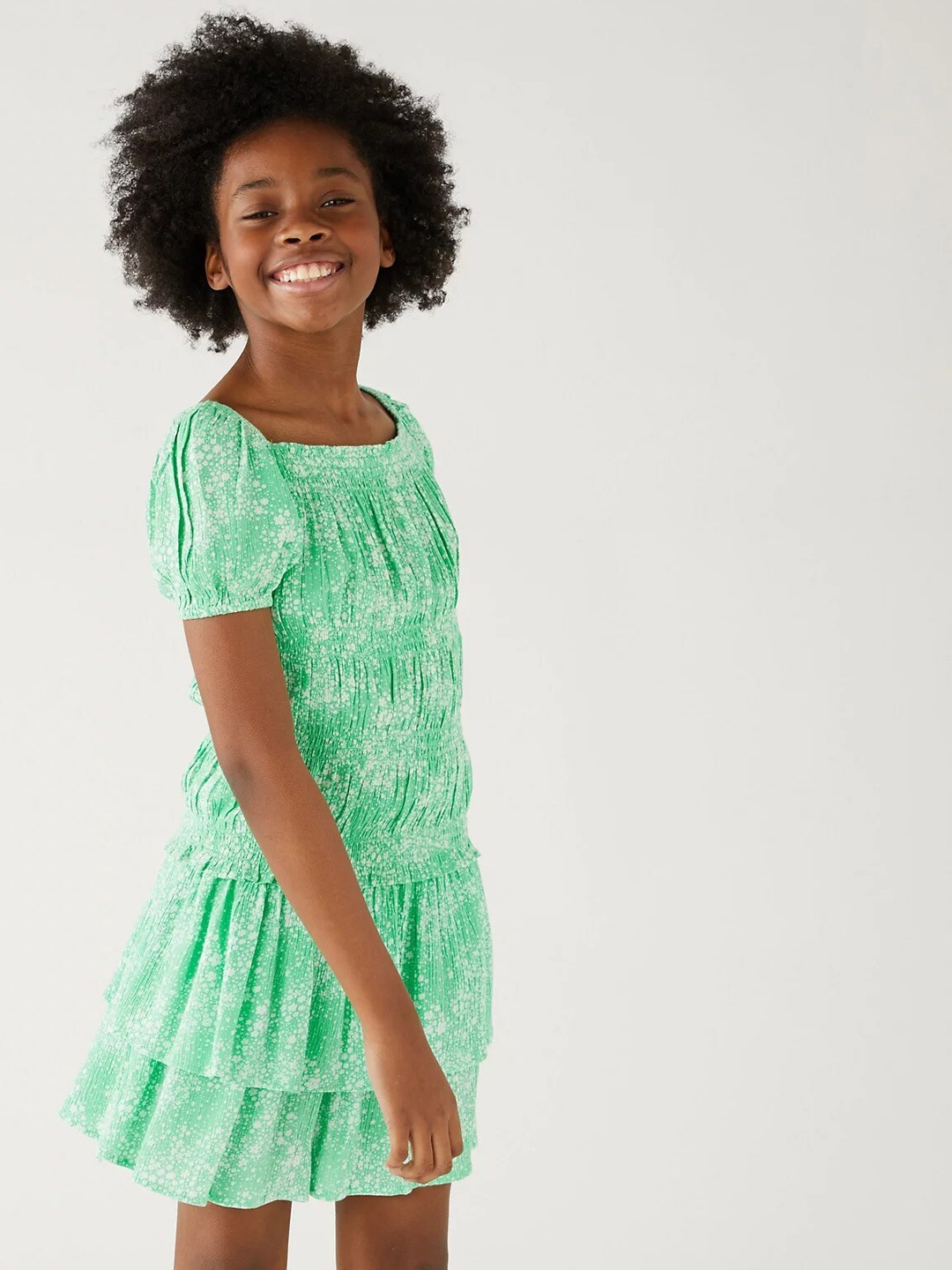 

Marks & Spencer Girls Printed Puff Sleeves Smocked Cinched Waist Top, Green