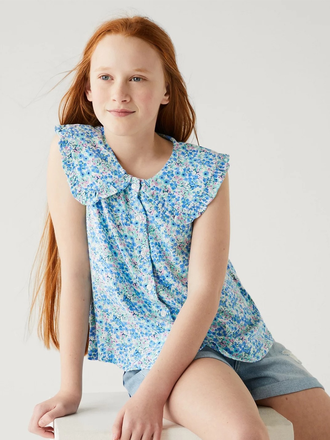 

Marks & Spencer Girls Above The Keyboard Collar Floral Printed Top, Blue