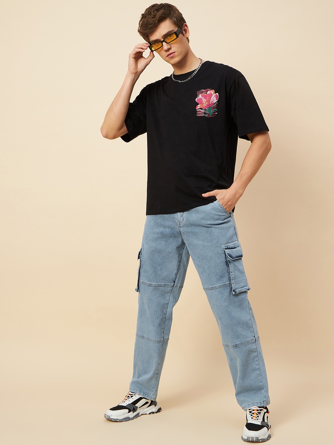 

High Star Men Relaxed Fit Heavy Fade Pure Cotton Cargo Jeans, Blue