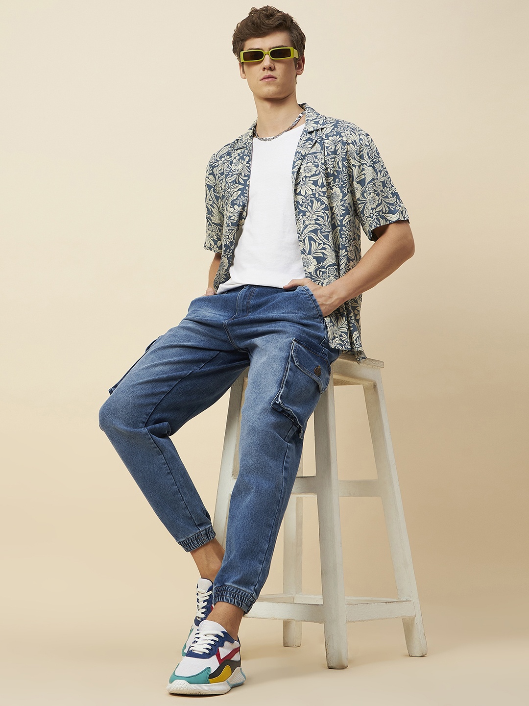 

High Star Men Tapered Fit Mid-Rise Pure Cotton Cargo Style Joggers, Blue