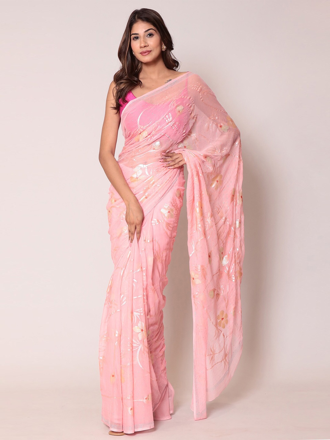 

ZARI Floral Embellished Beads and Stones Pure Chiffon Saree, Peach