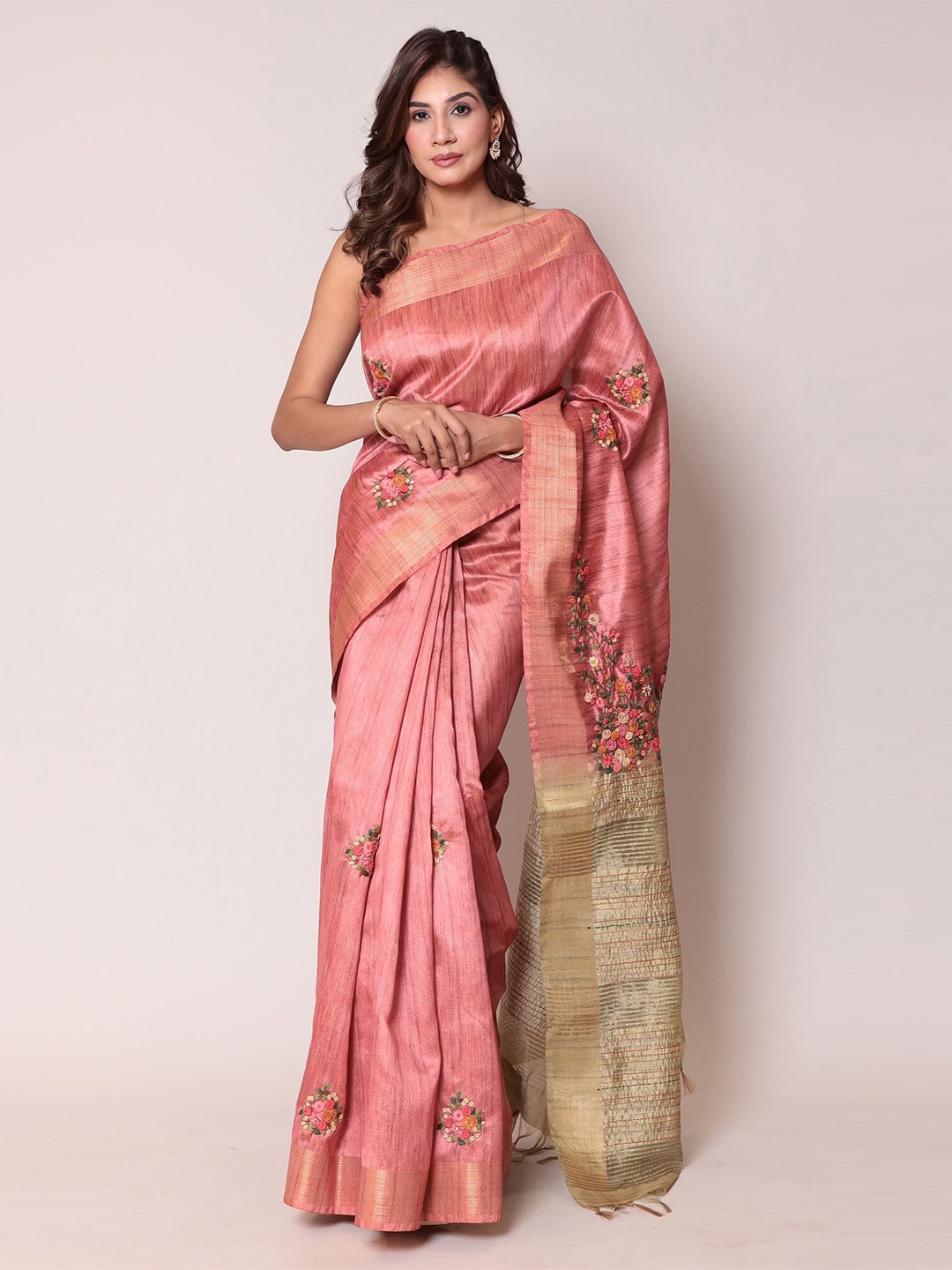

ZARI Floral Zari Tissue Saree, Peach