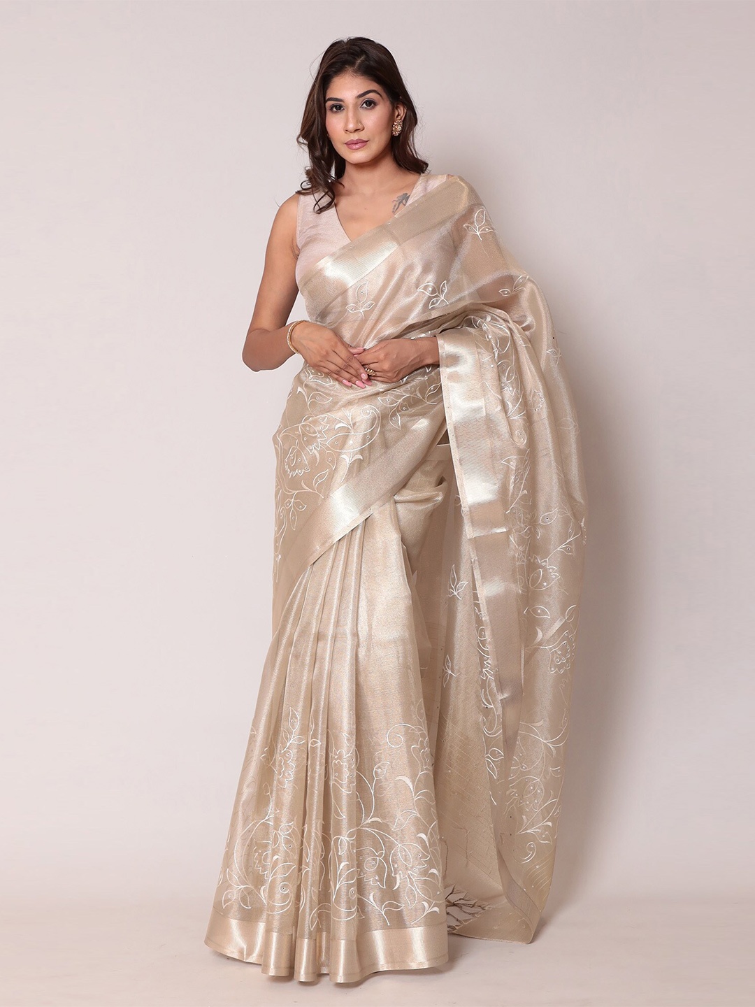 

ZARI Ethnic Motifs Zari Tissue Saree, Cream