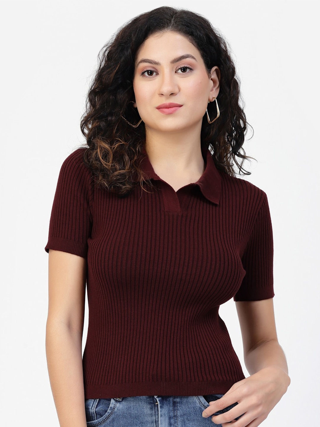 

Kalt Shirt Collar Ribbed Cotton Top, Maroon