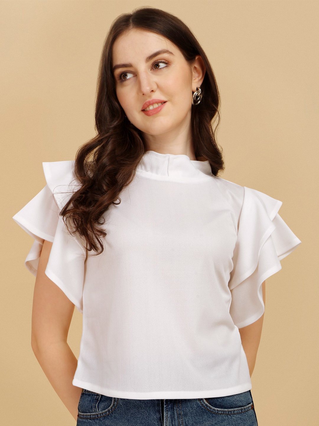 

Paralians Solid Flutter Sleeve High Neck Top, White