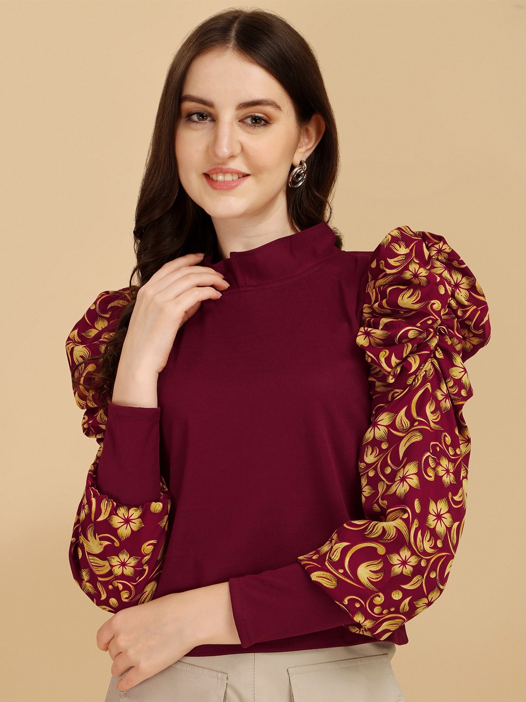 

Paralians Floral Print Puff Sleeves Top, Maroon