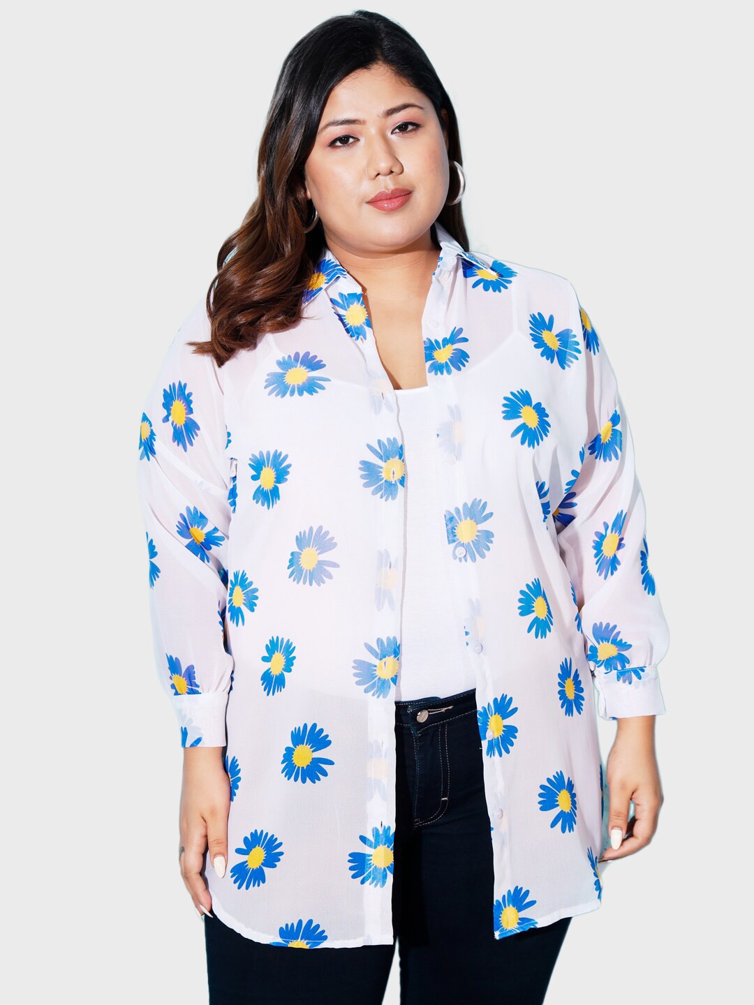 

BUY NEW TREND Plus Size Boxy Fit Spread Collar Floral Printed Casual Longline Shirt, Blue