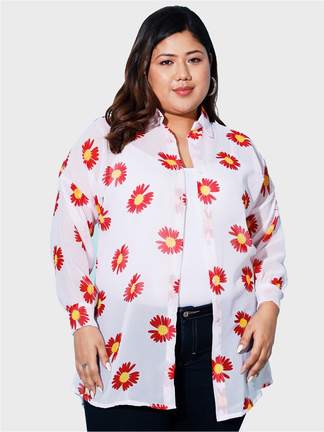 

BUY NEW TREND Plus Size Boxy Fit Floral Printed Casual Shirt, Red