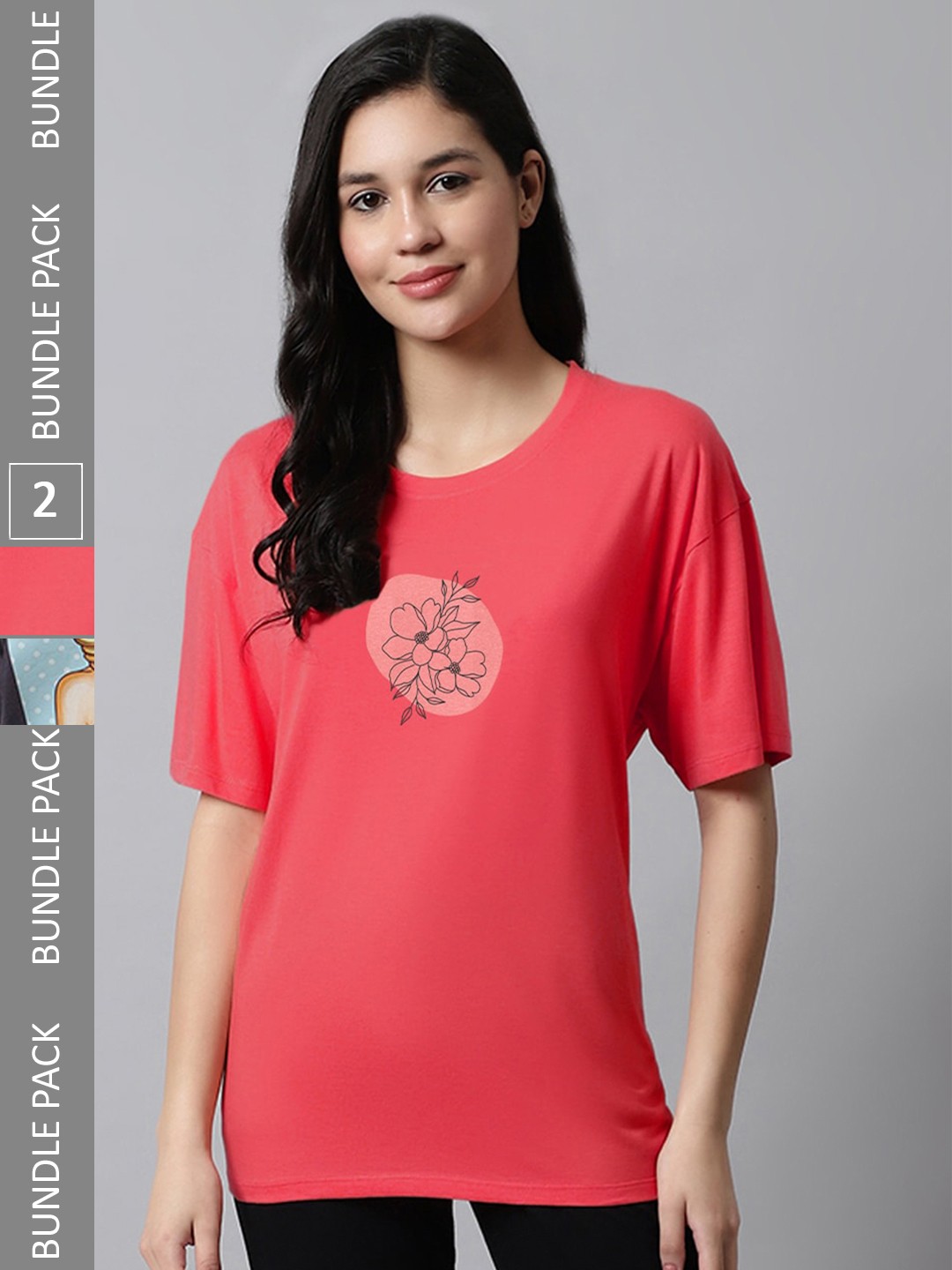 

Kanvin Pack Of 2 Red & Grey Graphic Printed Drop-Shoulder Sleeves Modal Oversized T-Shirts