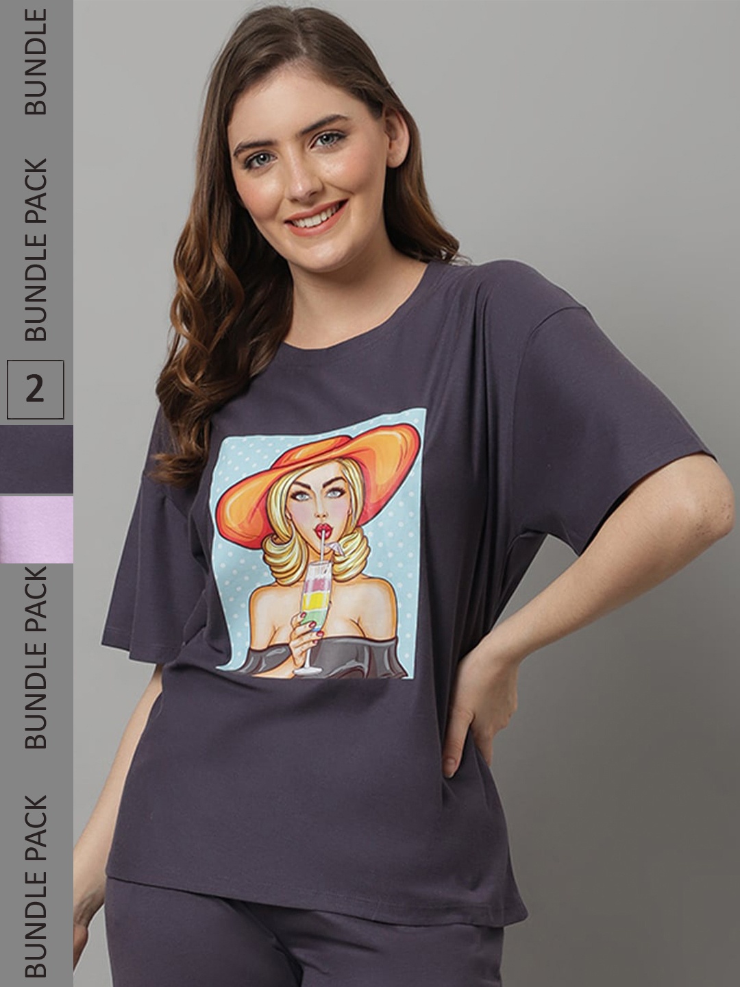 

Kanvin Pack Of 2 Lavender & Grey Graphic Printed Drop-Shoulder Sleeve Modal Oversized T-Shirts