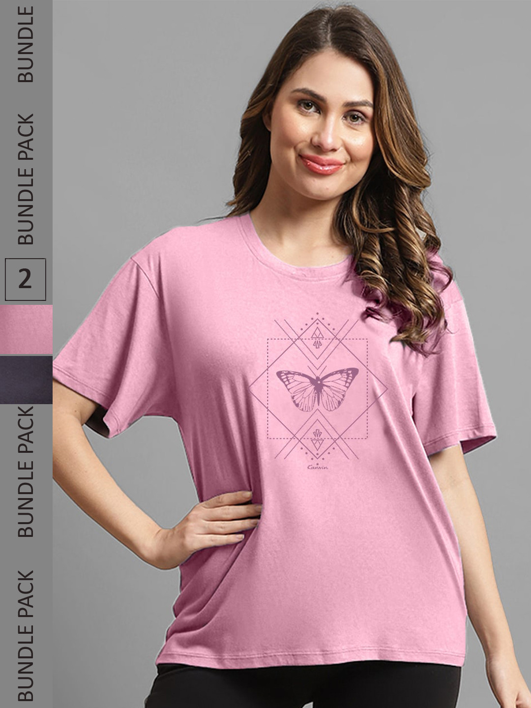 

Kanvin Pack Of 2 Mauve & Grey Graphic Printed Drop-Shoulder Sleeves Modal Oversized T-Shirts