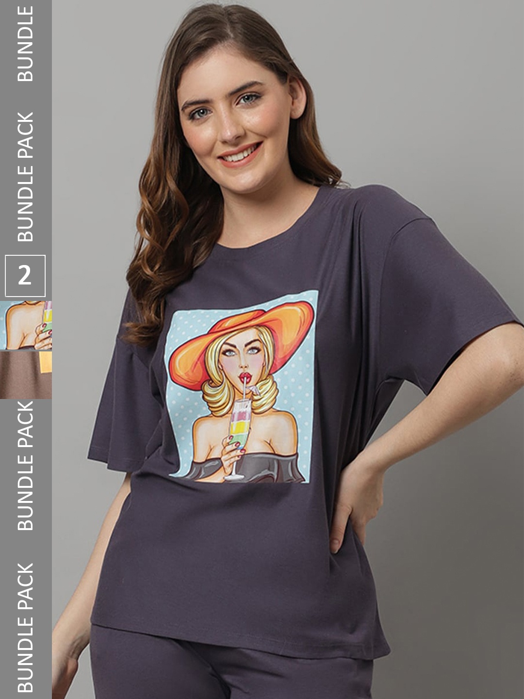 

Kanvin Pack Of 2 Grey & Brown Printed Oversized T-shirt