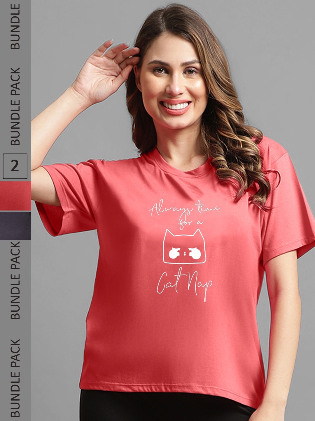 

Kanvin Pack Of 2 Peach Coloured & Grey Graphic Printed Drop-Shoulder Modal Oversized T-Shirts