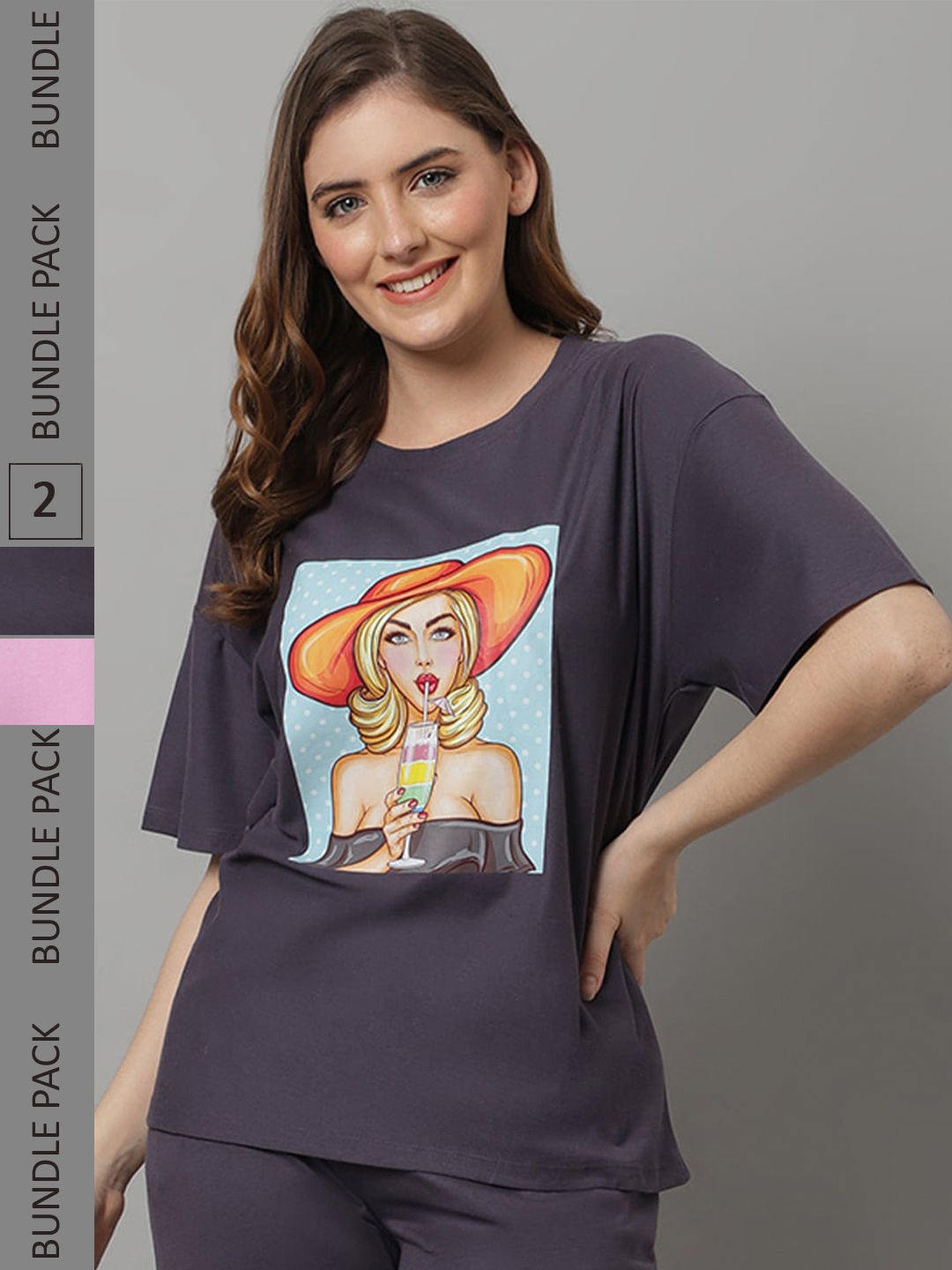 

Kanvin Pack Of 2 Pink & Grey Graphic Printed Drop-Shoulder Sleeves Modal Loose T-Shirts