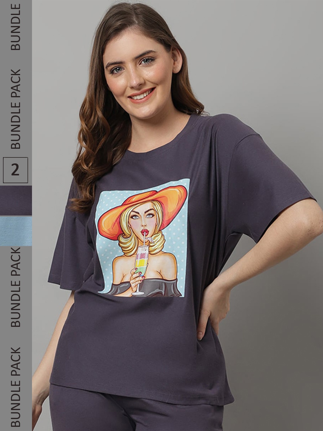 

Kanvin Pack Of 2 Teal Blue & Grey Graphic Printed Drop-Shoulder Modal Oversized T-Shirts