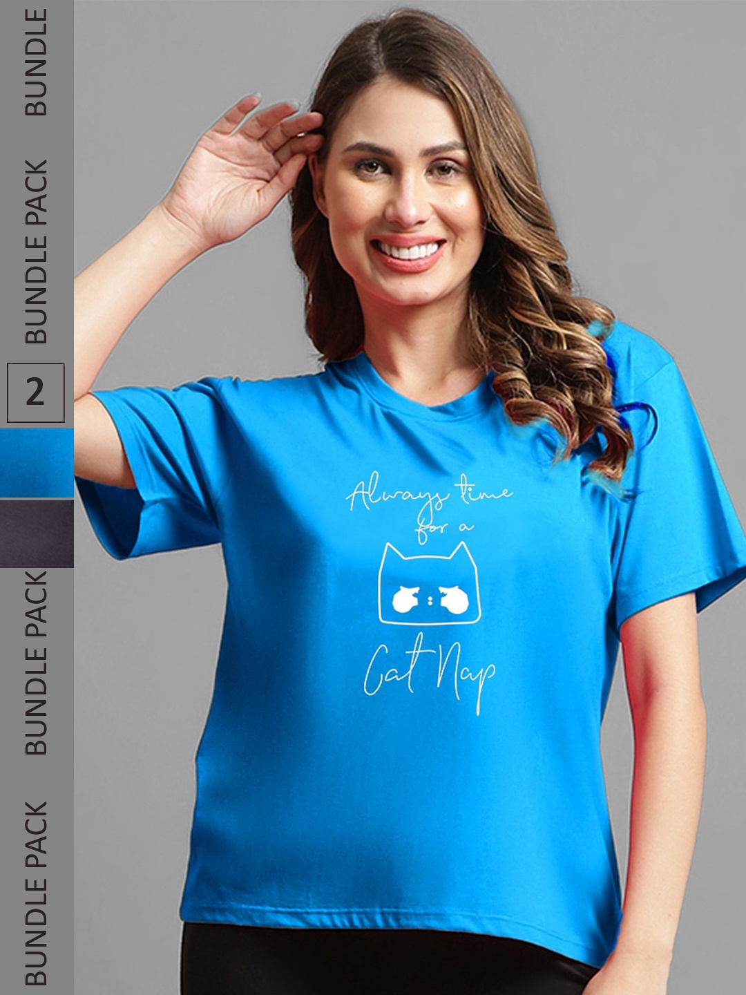 

Kanvin Pack Of 2 Blue & Grey Graphic Printed Drop-Shoulder Sleeves Modal Oversized T-Shirts