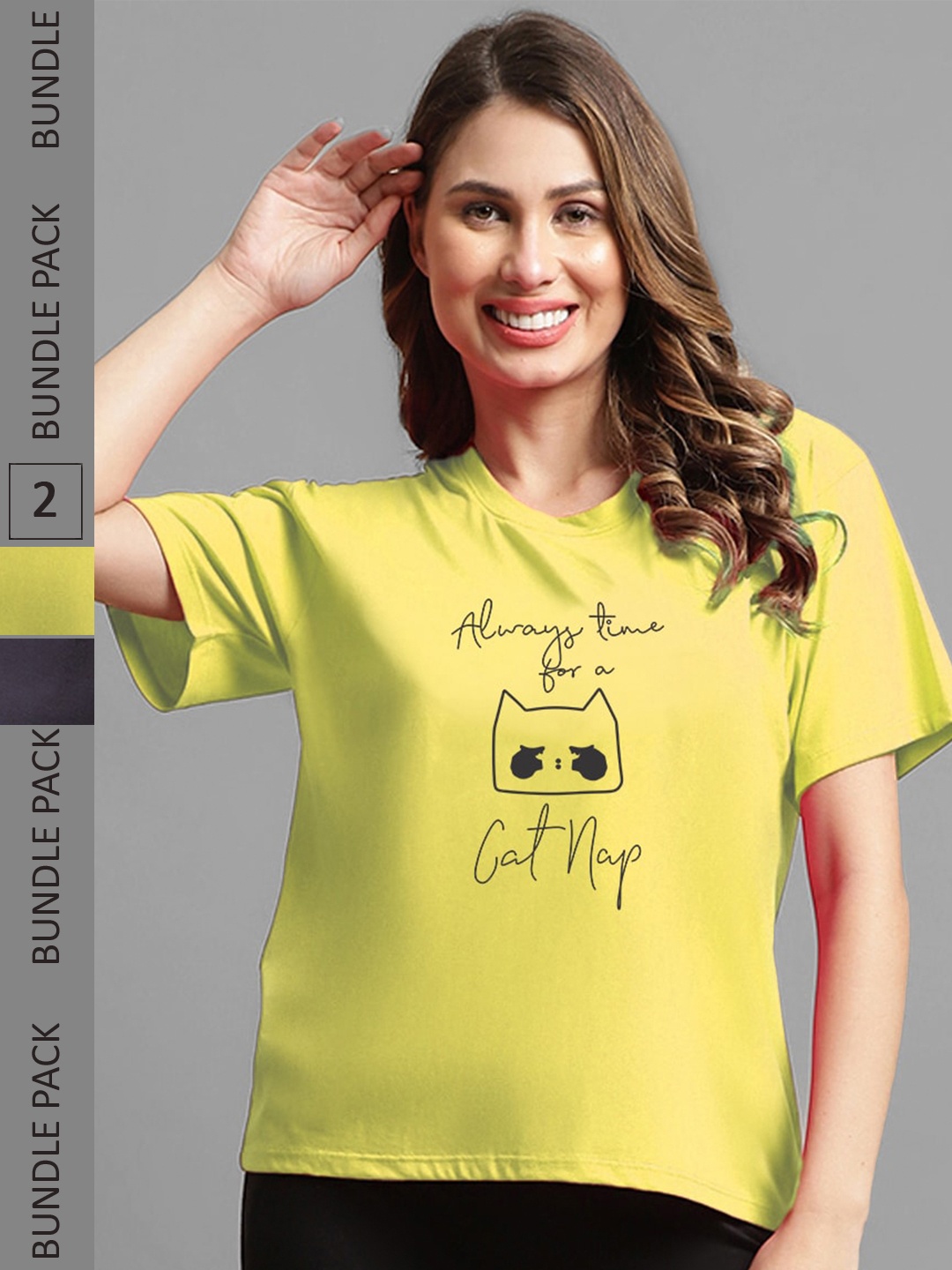 

Kanvin Pack Of 2 Yellow & Grey Graphic Printed Drop-Shoulder Sleeves Modal Oversized T-Shirts