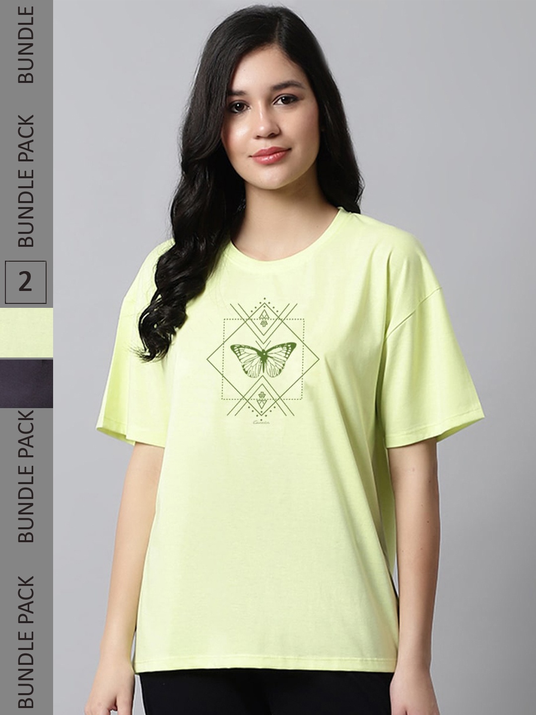 

Kanvin Pack Of 2 Lime Green & Grey Printed Oversized T-shirt