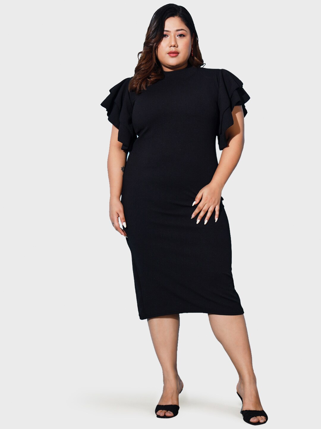 

BUY NEW TREND Curvy Flutter Sleeves Cotton Casual Sheath Midi Dress, Black