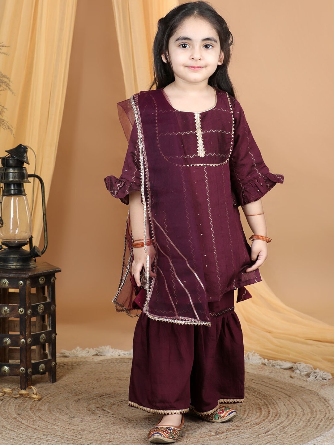 

Here&Now X Kinder KidsGirls Embroidered Regular Pure Cotton Kurti with Sharara & Dupatta, Purple