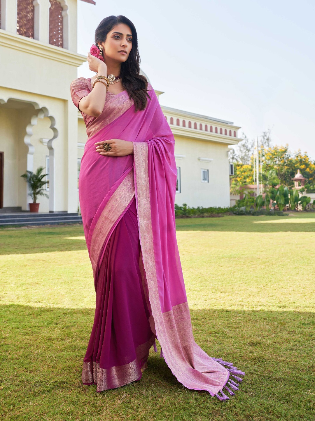 

Vardha Zari Pure Georgette Banarasi Saree, Pink