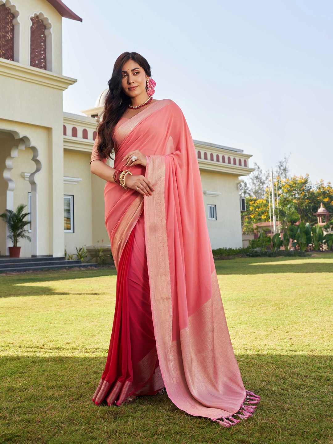

Vardha Ethnic Motifs Woven Design Zari Pure Georgette Banarasi Saree, Peach