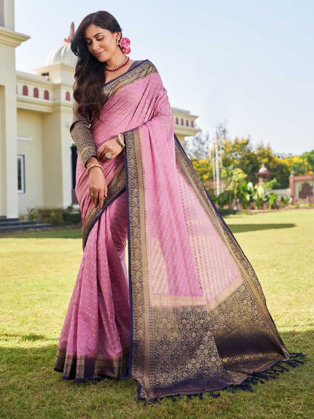 

Vardha Ethnic Motifs Woven Design Zari Pure Georgette Banarasi Saree, Pink