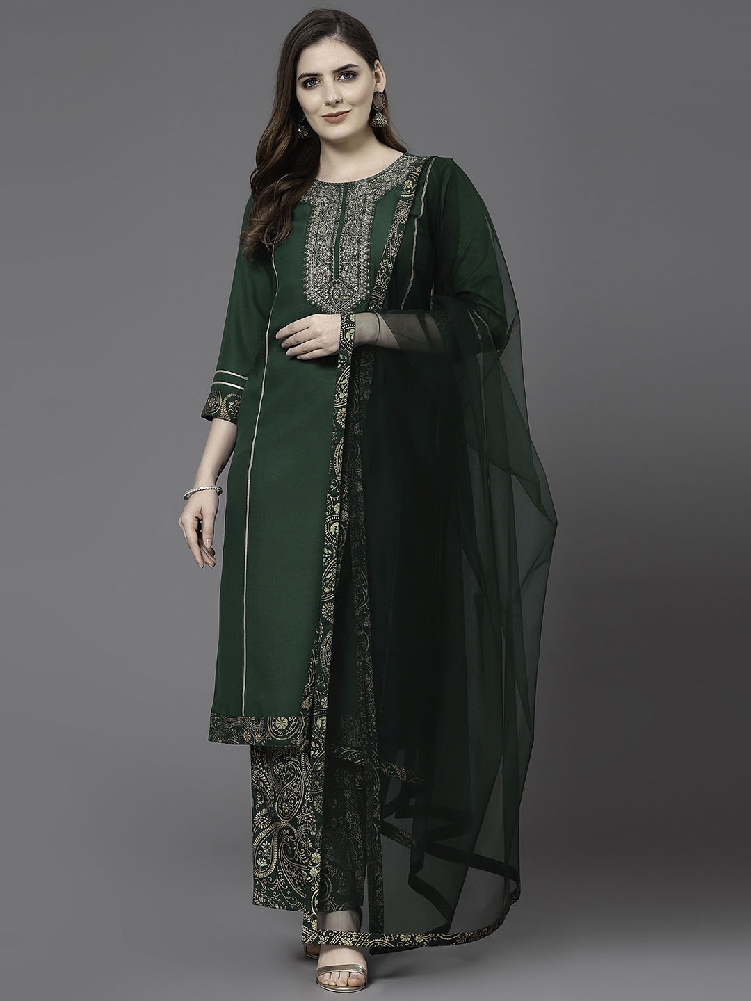 

KALINI Floral Embroidered Kurta with Trousers & With Dupatta, Green