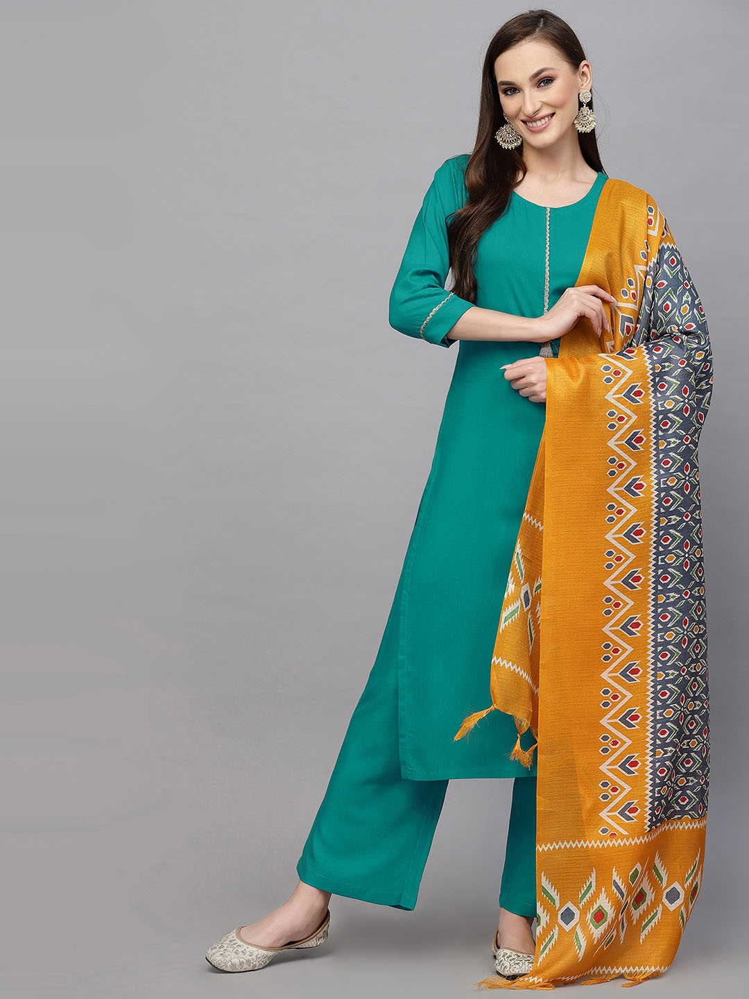 

KALINI Straight Kurta With Trousers & Dupatta, Turquoise blue