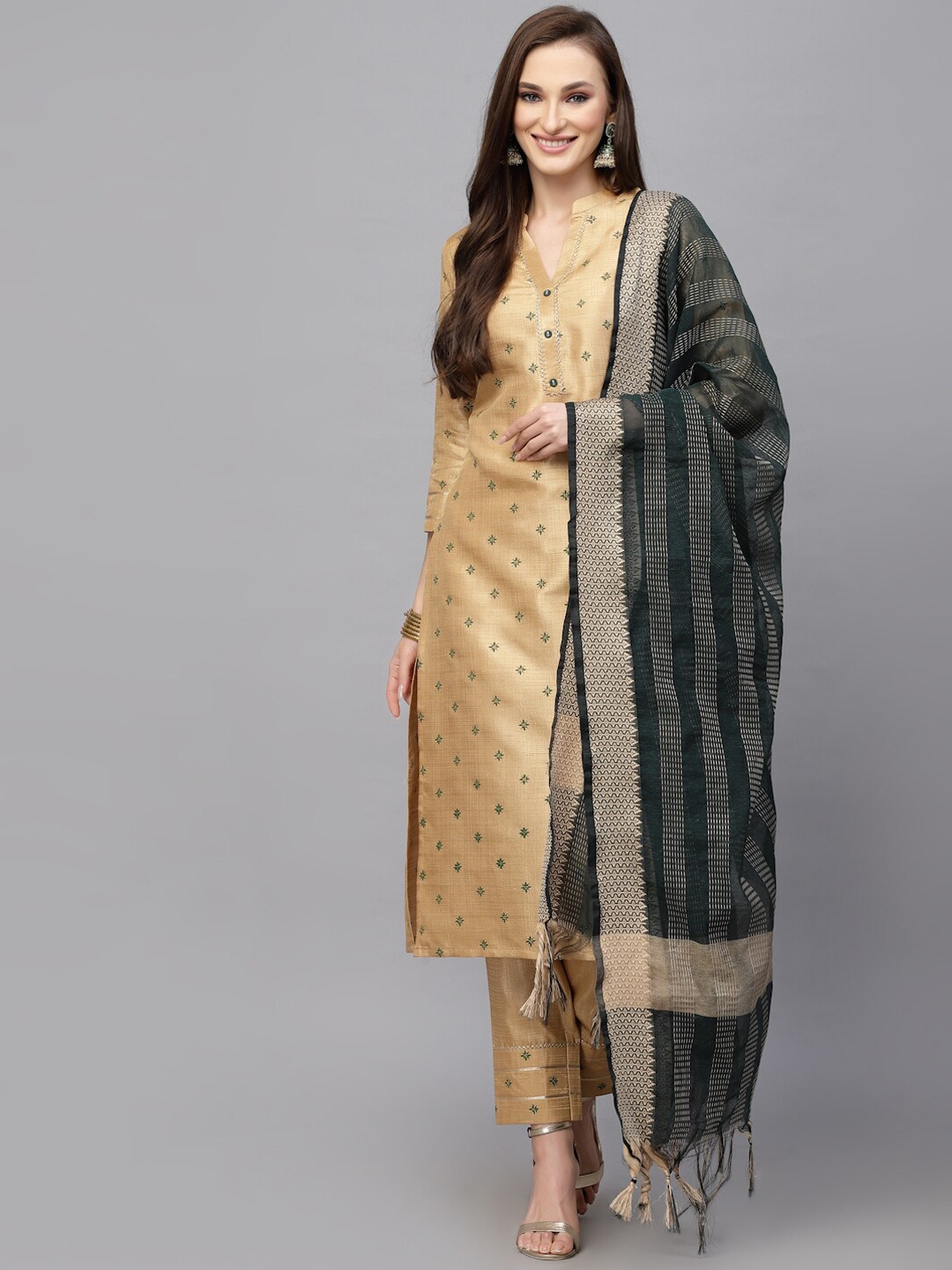 

KALINI Floral Printed Regular Kurta with Trousers & With Dupatta, Beige