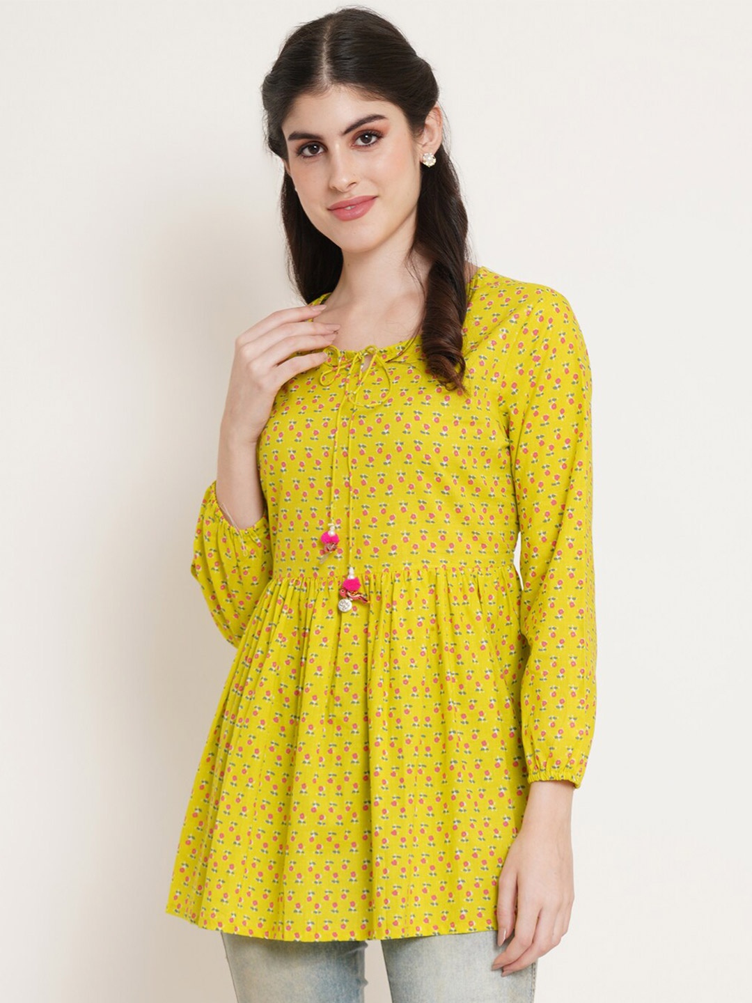 

FABRIC FITOOR Printed Cotton Tie-Up Neck Empire Longline Top, Lime green